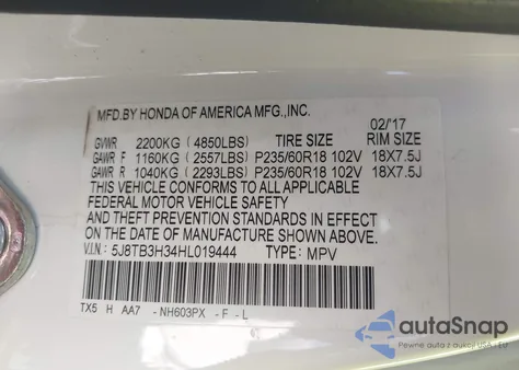 2017 Acura Rdx Acurawatch Plus Package из США, поврежденный, VIN 5J8TB3H34HL019444